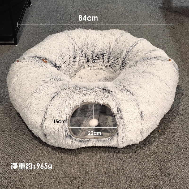 2 in 1 Funny Cat Beds Interactive Play Winter Warm Plush Donut Cat Tunnel Bed