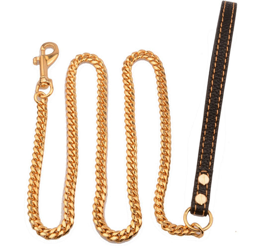 10mm stainless steel leather traction rope golden stainless steel Cuban chain dog chain medium-sized dog pet traction chain